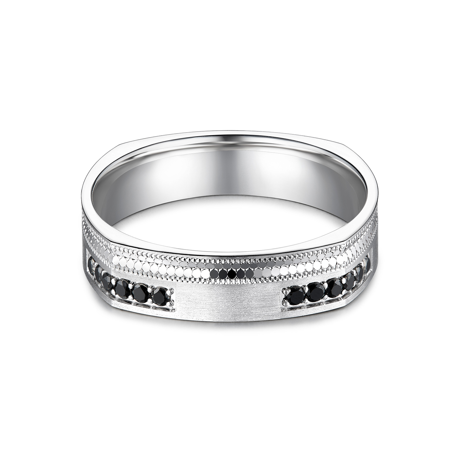 六福珠宝黑钻方圆铂金戒指铂950男女款手工拉丝白金对戒HEJ0004DS【1V1直播看货】