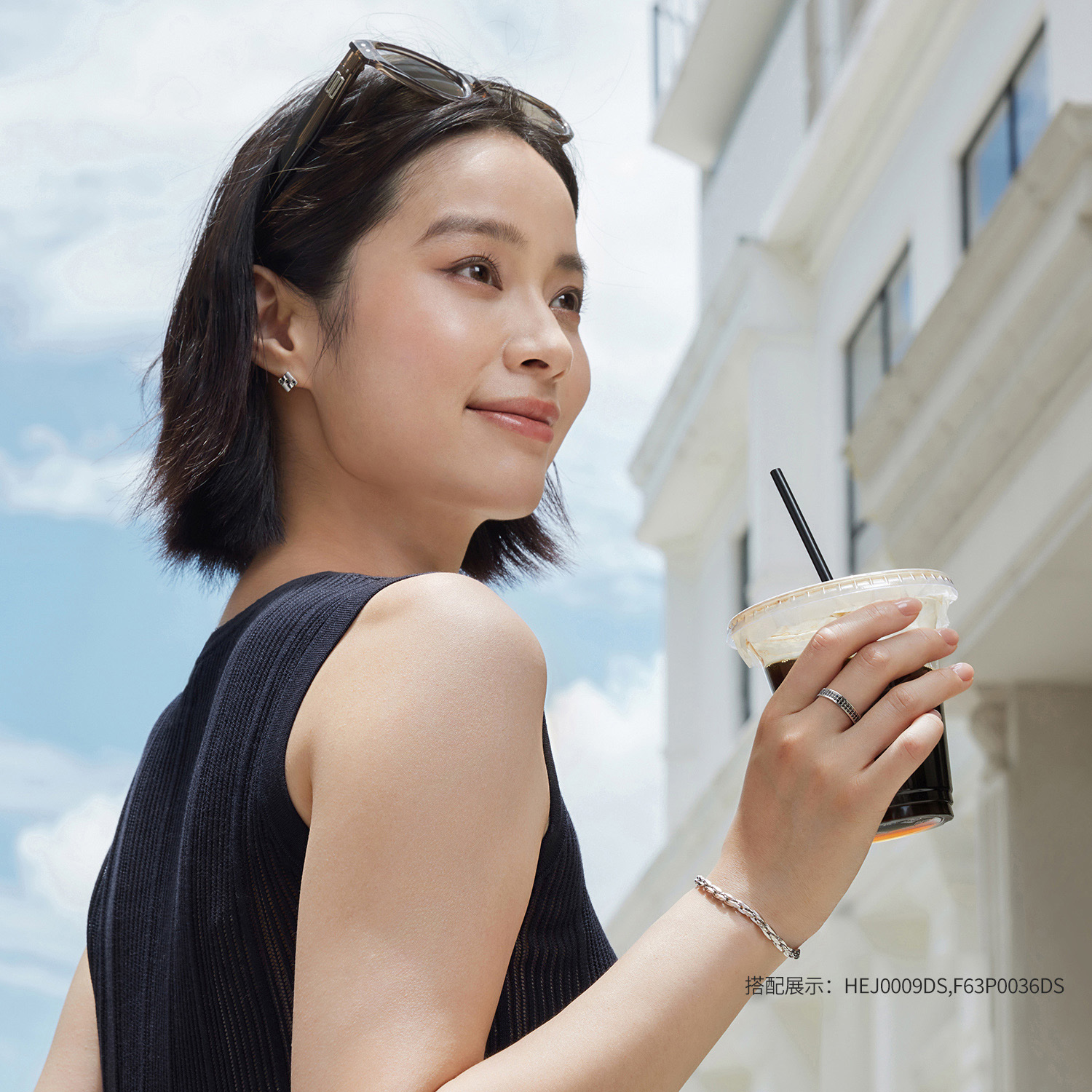 六福珠宝黑钻魔方铂金耳钉铂950男女款手工拉丝白金耳环HEJ0010DS