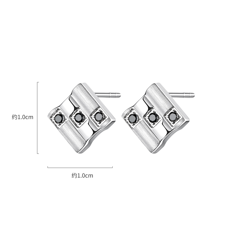 六福珠宝黑钻魔方铂金耳钉铂950男女款手工拉丝白金耳环HEJ0010DS