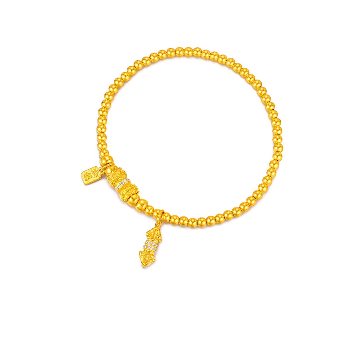 六福珠宝并蒂莲花黄金手链女钻石金刚杵挂坠金珠足金手串032418ba【联系客服补货】【视频看货】