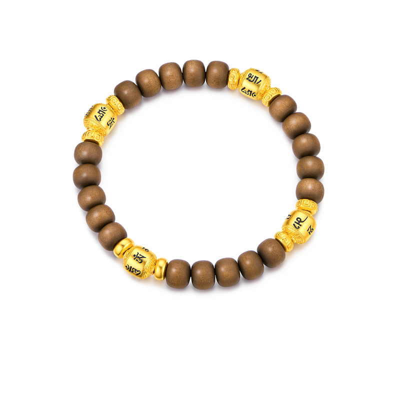 六福珠宝六字真言文玩黄金手链男女款老山檀手串珠计价F63G0105DS