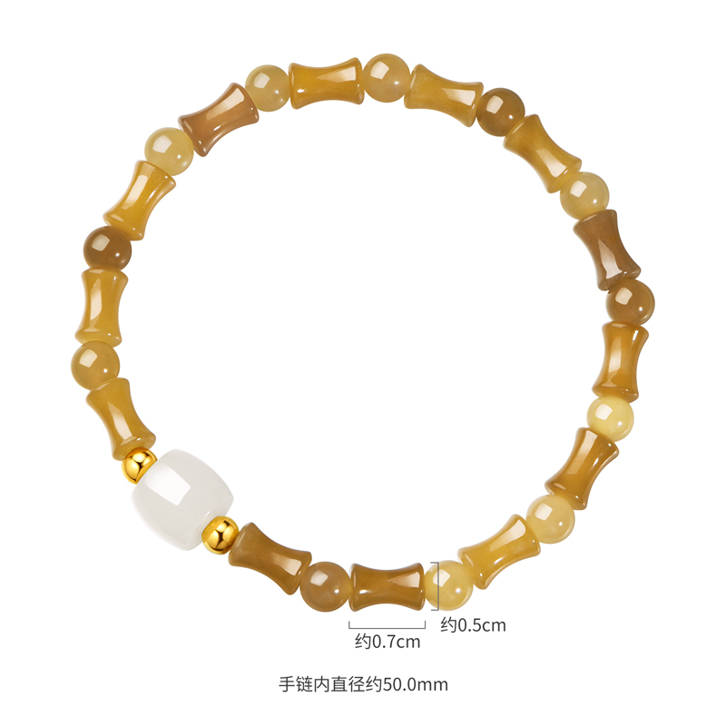 六福珠宝节节高升和田玉手串女款金珠黄金手链竹节玉珠L74A0017DS