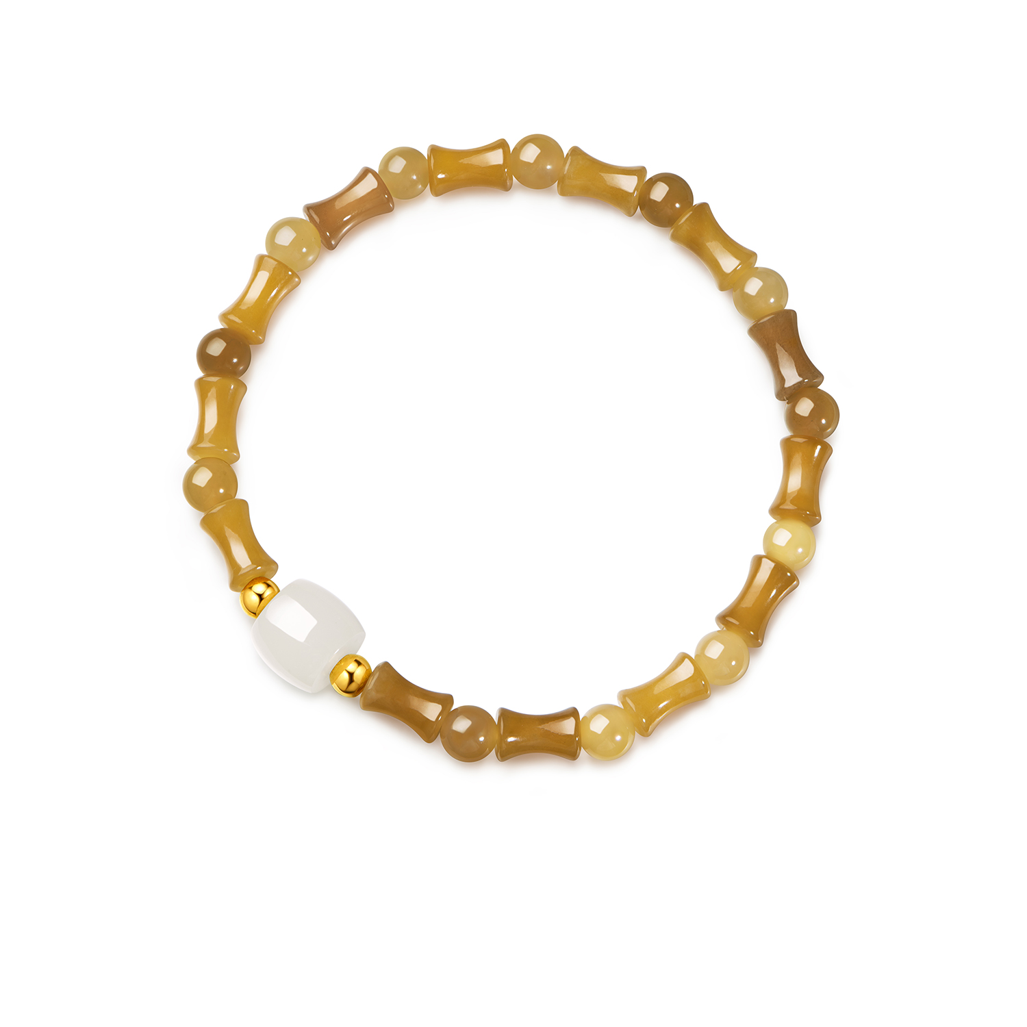 六福珠宝节节高升和田玉手串女款金珠黄金手链竹节玉珠L74A0017DS