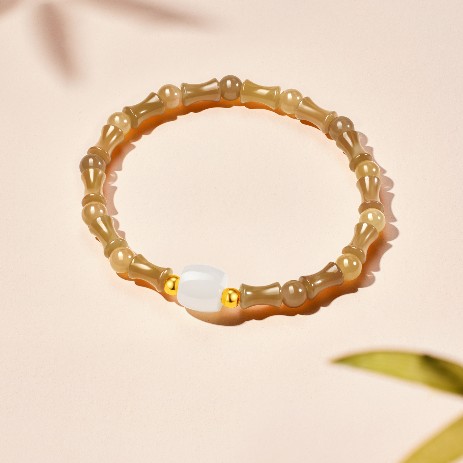 六福珠宝节节高升和田玉手串女款金珠黄金手链竹节玉珠L74A0017DS