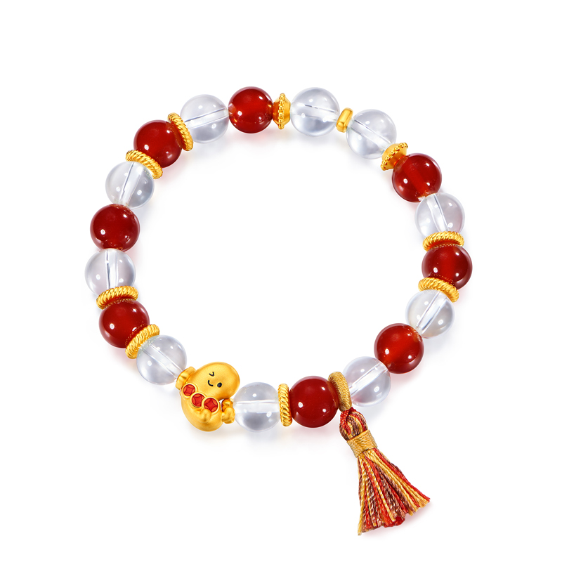 六福珠宝奇趣坚果黄金转运珠手链女鎏彩足金花生水晶手串032534BA