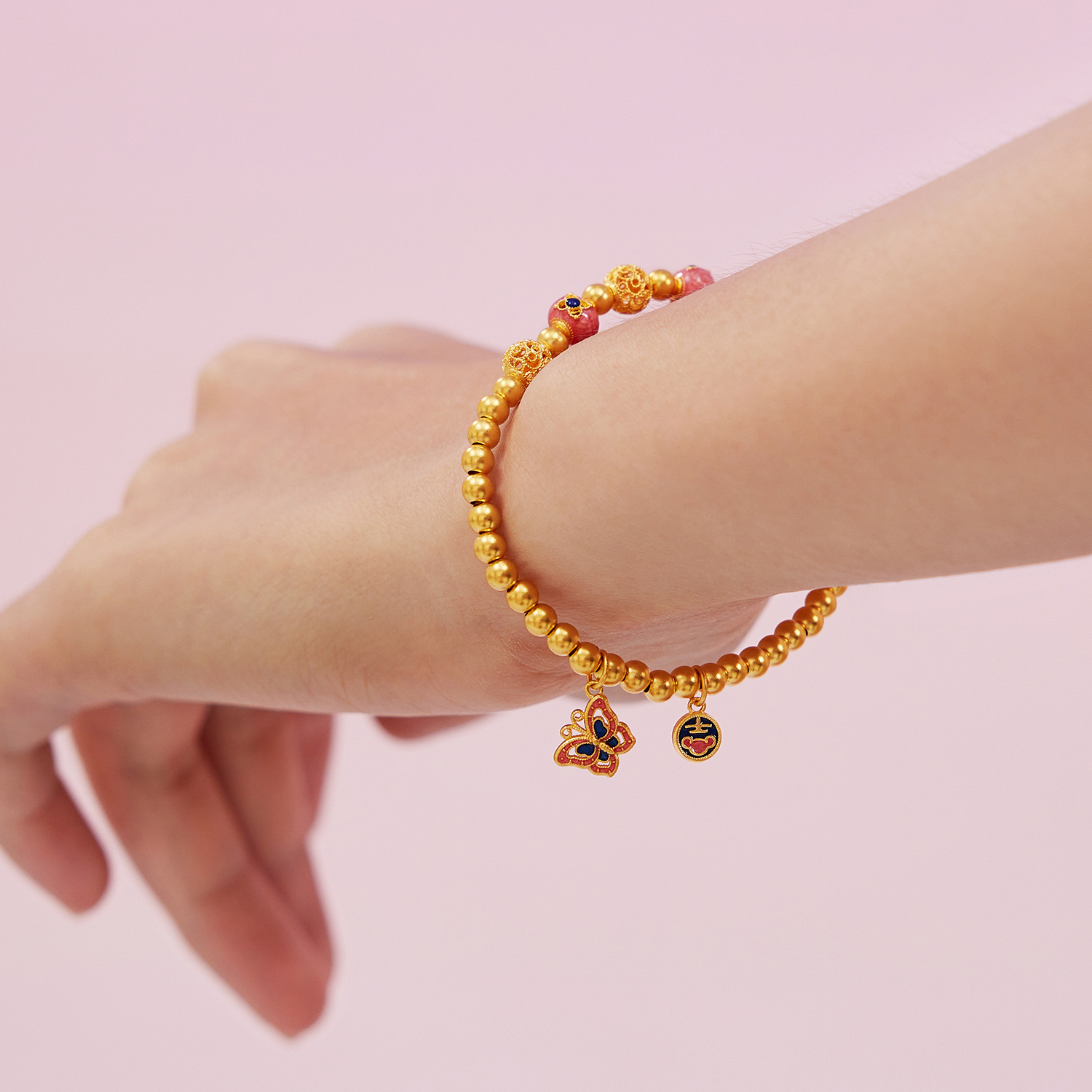 六福珠宝福满传家蓝福蝶黄金手链鎏彩花丝金珠手串计价F63G0084DS赏春【联系客服补货】【1V1直播看货】