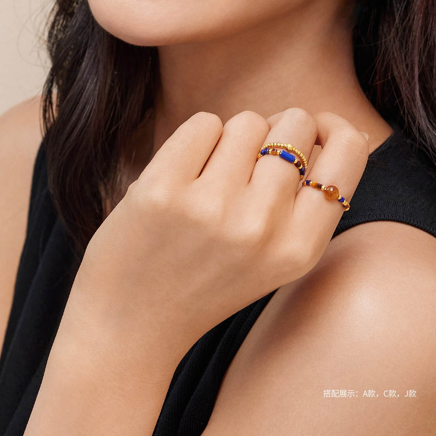 六福珠宝小金珠弹力戒青金石转运珠黄金戒指木变石足金GJA0060DS