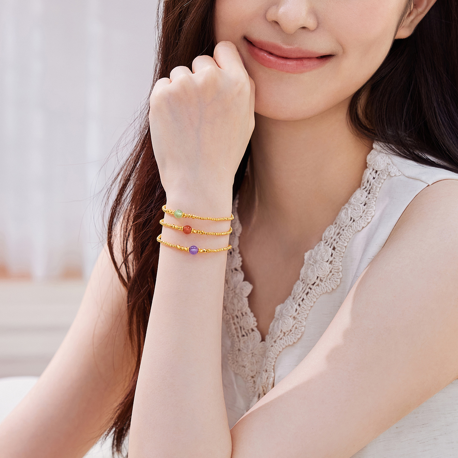 六福珠宝多彩系列晶石黄金手链女蹦迪珠宝玉石手串计价EOG0005DS