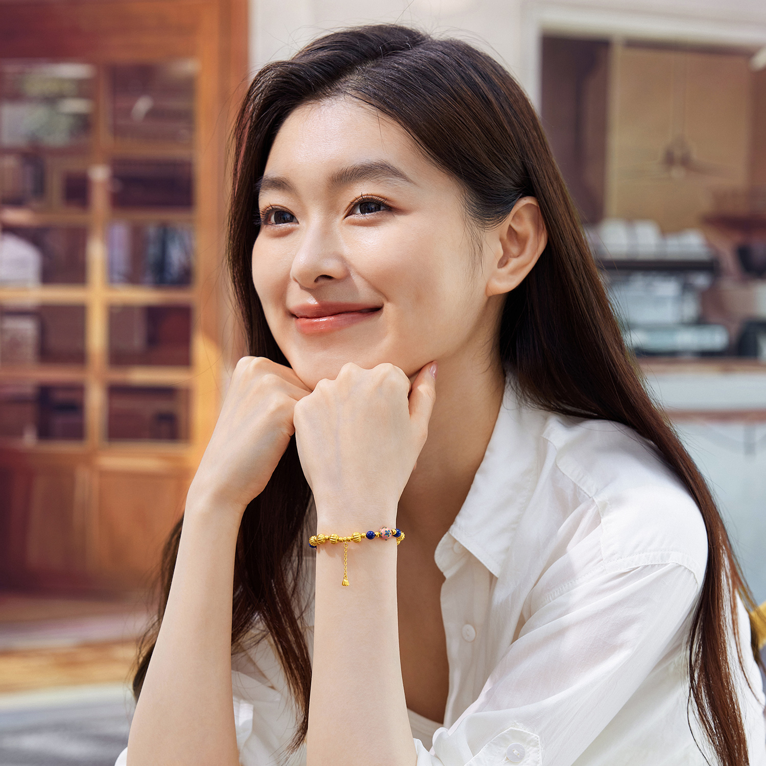 六福珠宝南瓜珠黄金手链女款鎏彩转运珠青金石手串计价G39G0029DS【1V1直播看货】