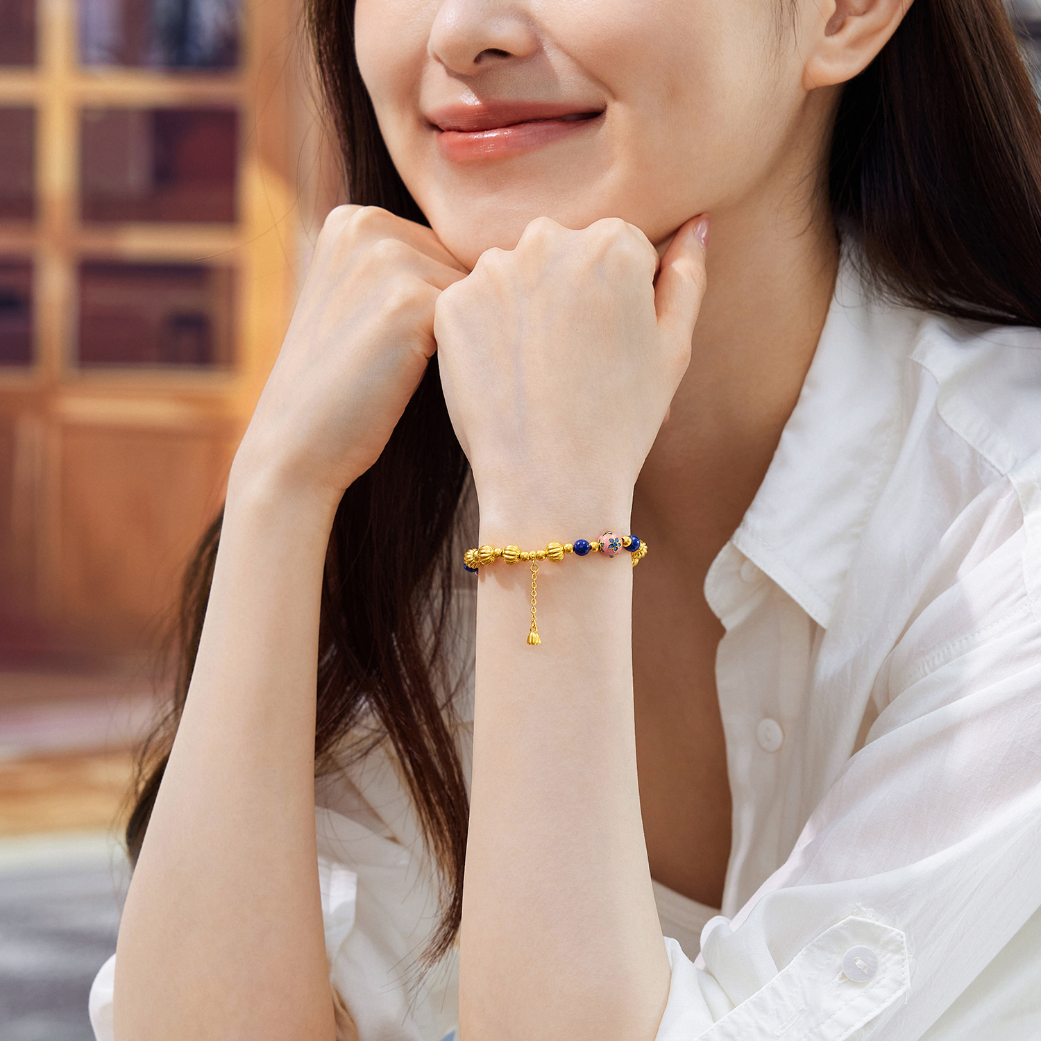 六福珠宝南瓜珠黄金手链女款鎏彩转运珠青金石手串计价G39G0029DS【1V1直播看货】