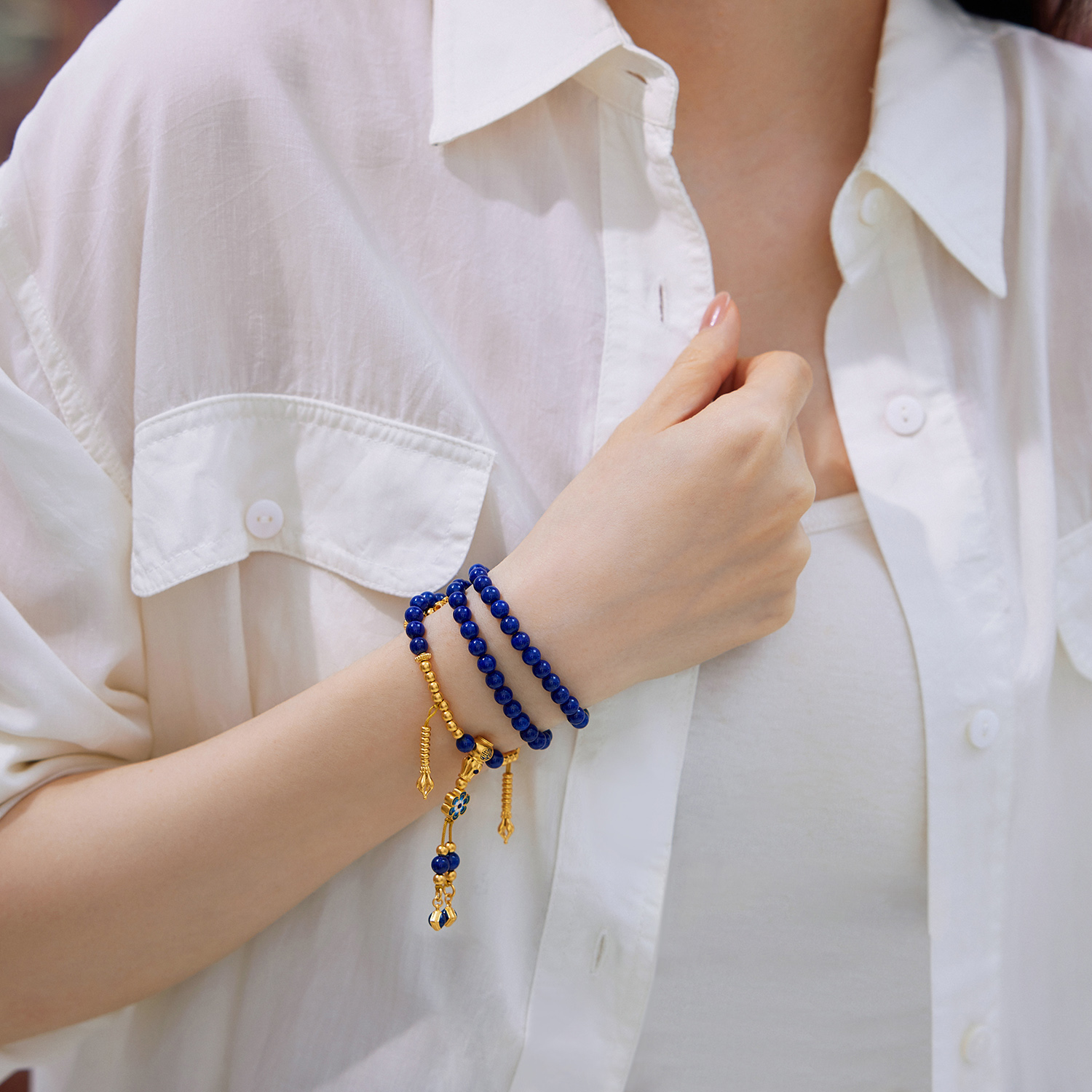 六福珠宝青花瓷韵黄金项链青金石三圈手串流苏莲花计价G39G0030DS【1V1直播看货】