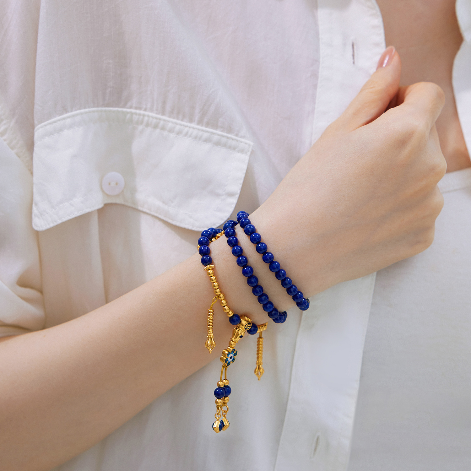 六福珠宝青花瓷韵黄金项链青金石三圈手串流苏莲花计价G39G0030DS【1V1直播看货】