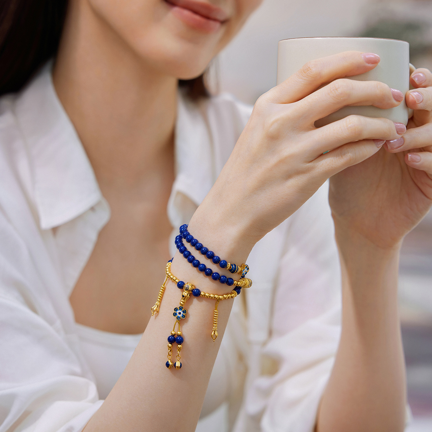 六福珠宝青花瓷韵黄金项链青金石三圈手串流苏莲花计价G39G0030DS【1V1直播看货】