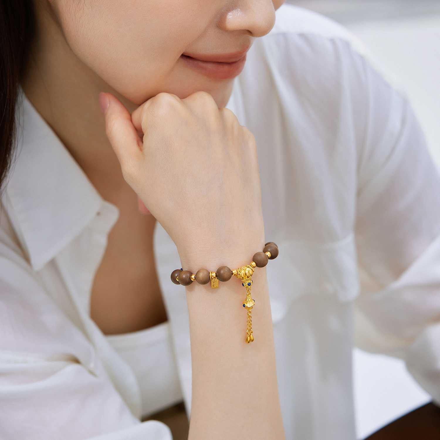 六福珠宝福满传家南瓜珠黄金手链老檀木手串青金石计价G39G0031DS【1V1直播看货】