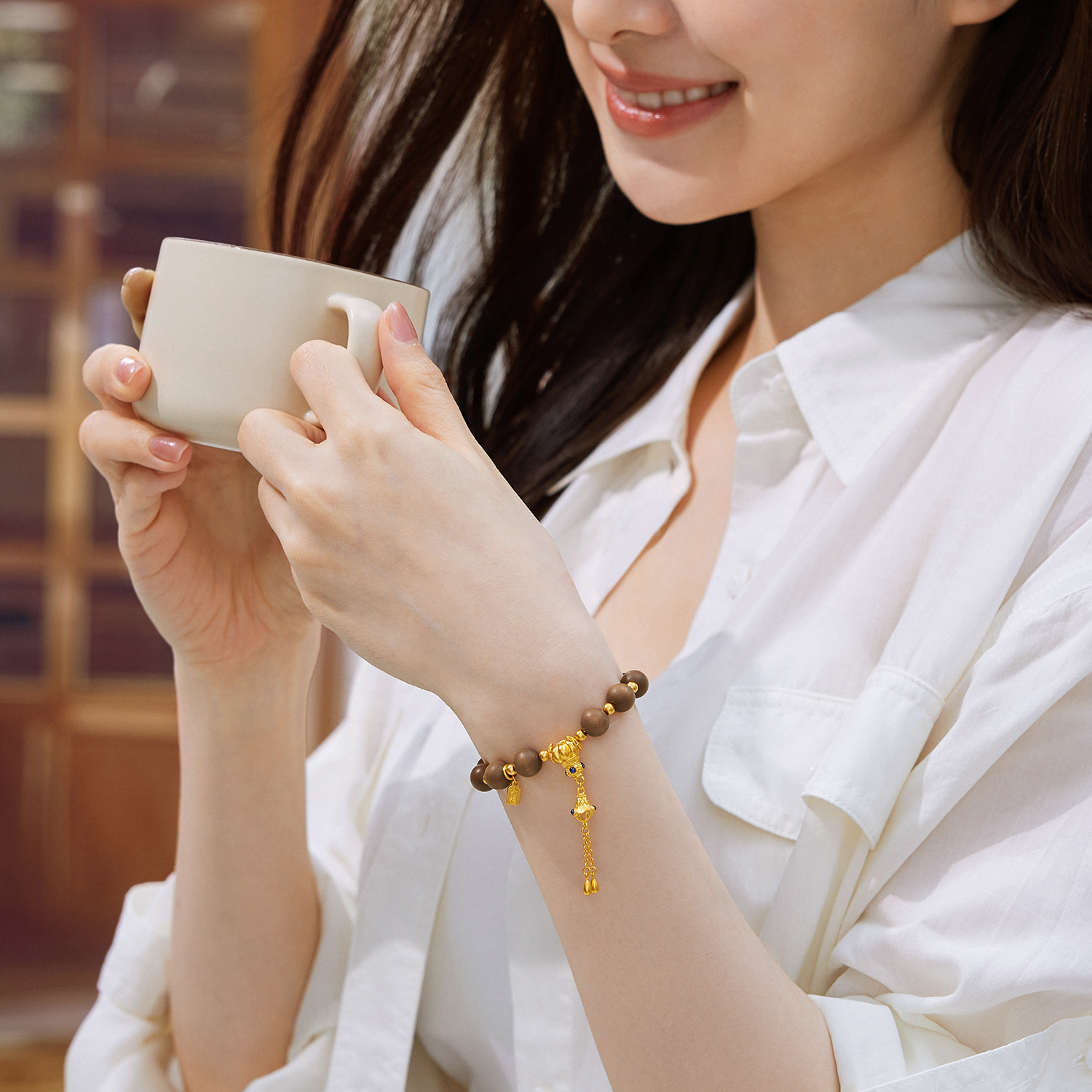 六福珠宝福满传家南瓜珠黄金手链老檀木手串青金石计价G39G0031DS【1V1直播看货】