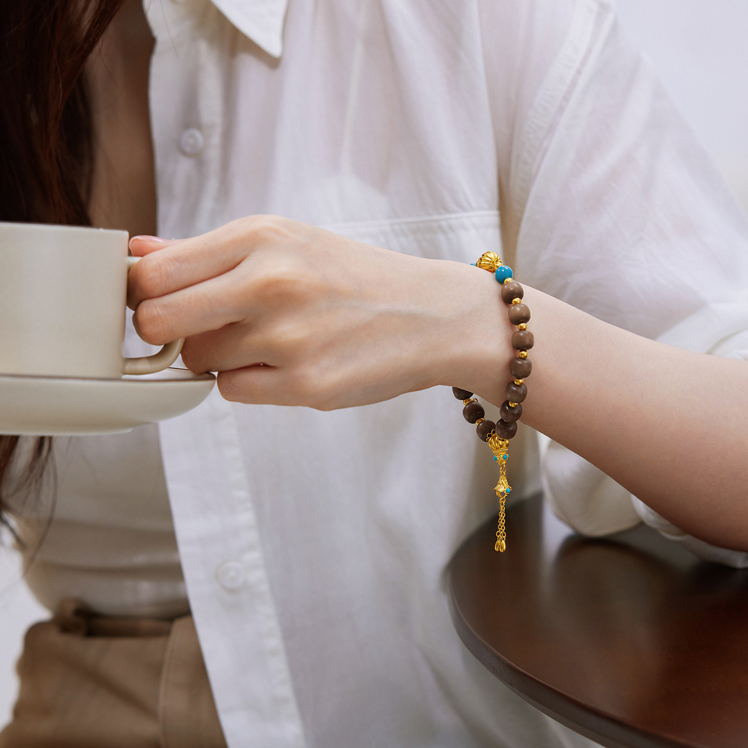 六福珠宝南瓜珠文玩黄金手链绿松石流苏老山檀手串计价G39G0032DS【1V1直播看货】