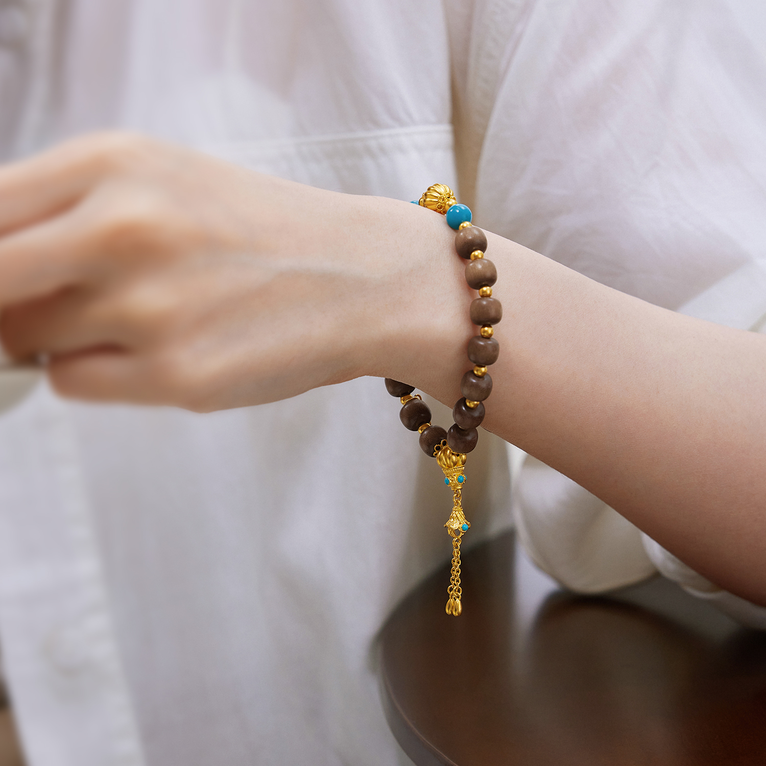 六福珠宝南瓜珠文玩黄金手链绿松石流苏老山檀手串计价G39G0032DS【1V1直播看货】