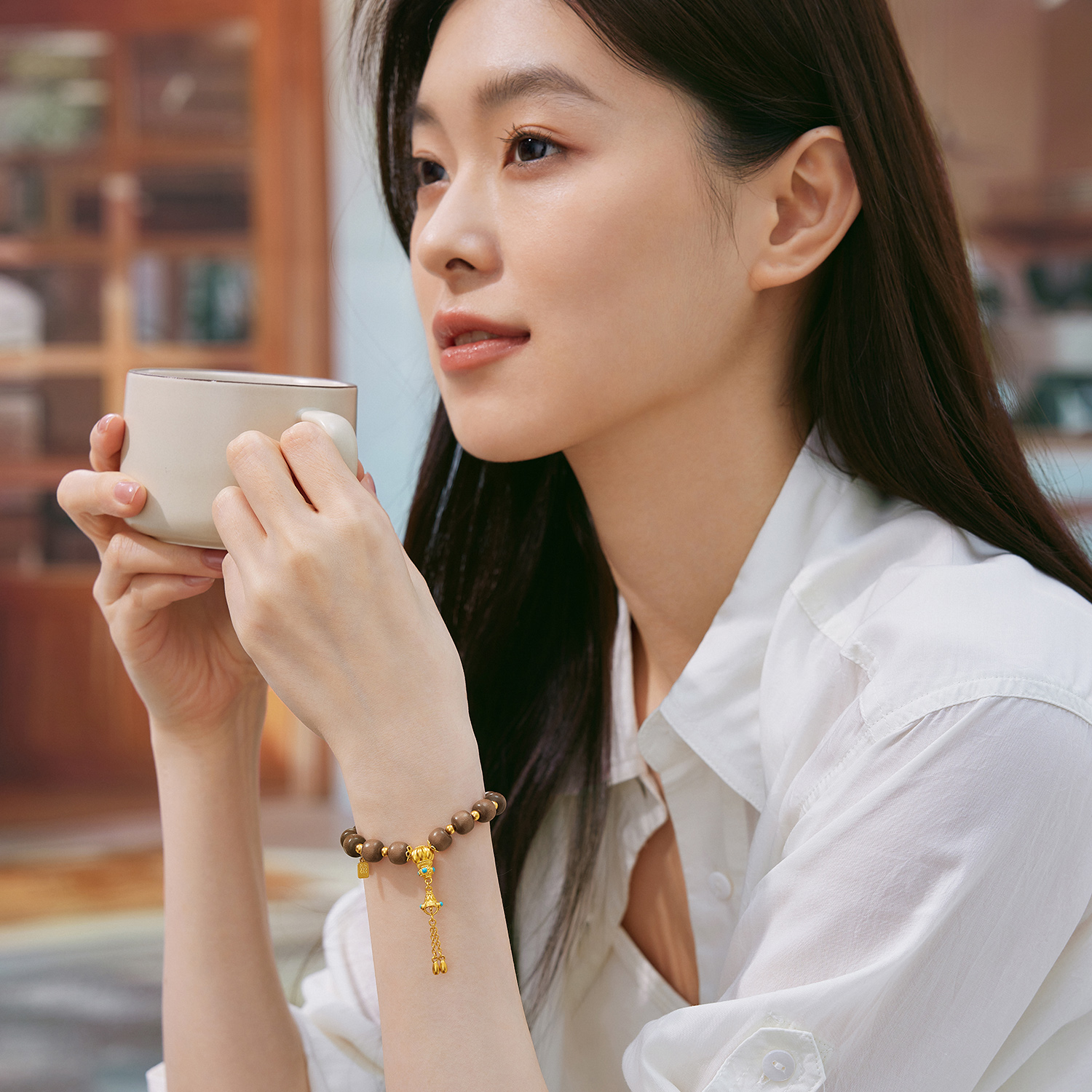 六福珠宝南瓜珠文玩黄金手链绿松石流苏老山檀手串计价G39G0032DS【1V1直播看货】