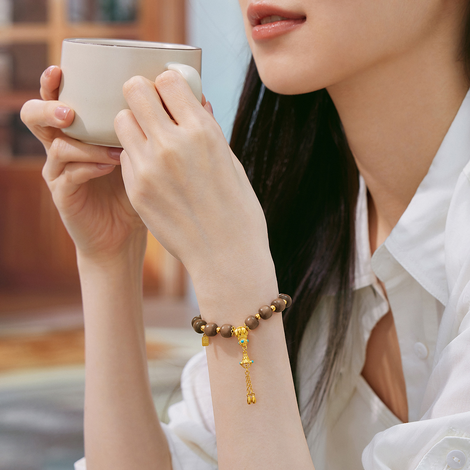 六福珠宝南瓜珠文玩黄金手链绿松石流苏老山檀手串计价G39G0032DS【1V1直播看货】