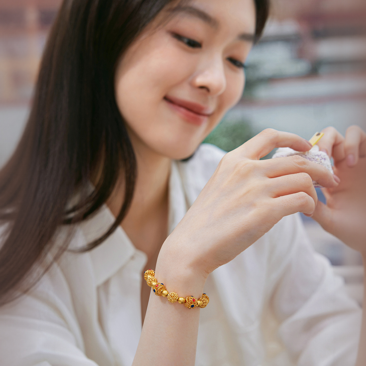 六福珠宝鎏彩花丝球黄金手链女金珠手串镂空转运珠计价L19G0003DS【1V1直播看货】