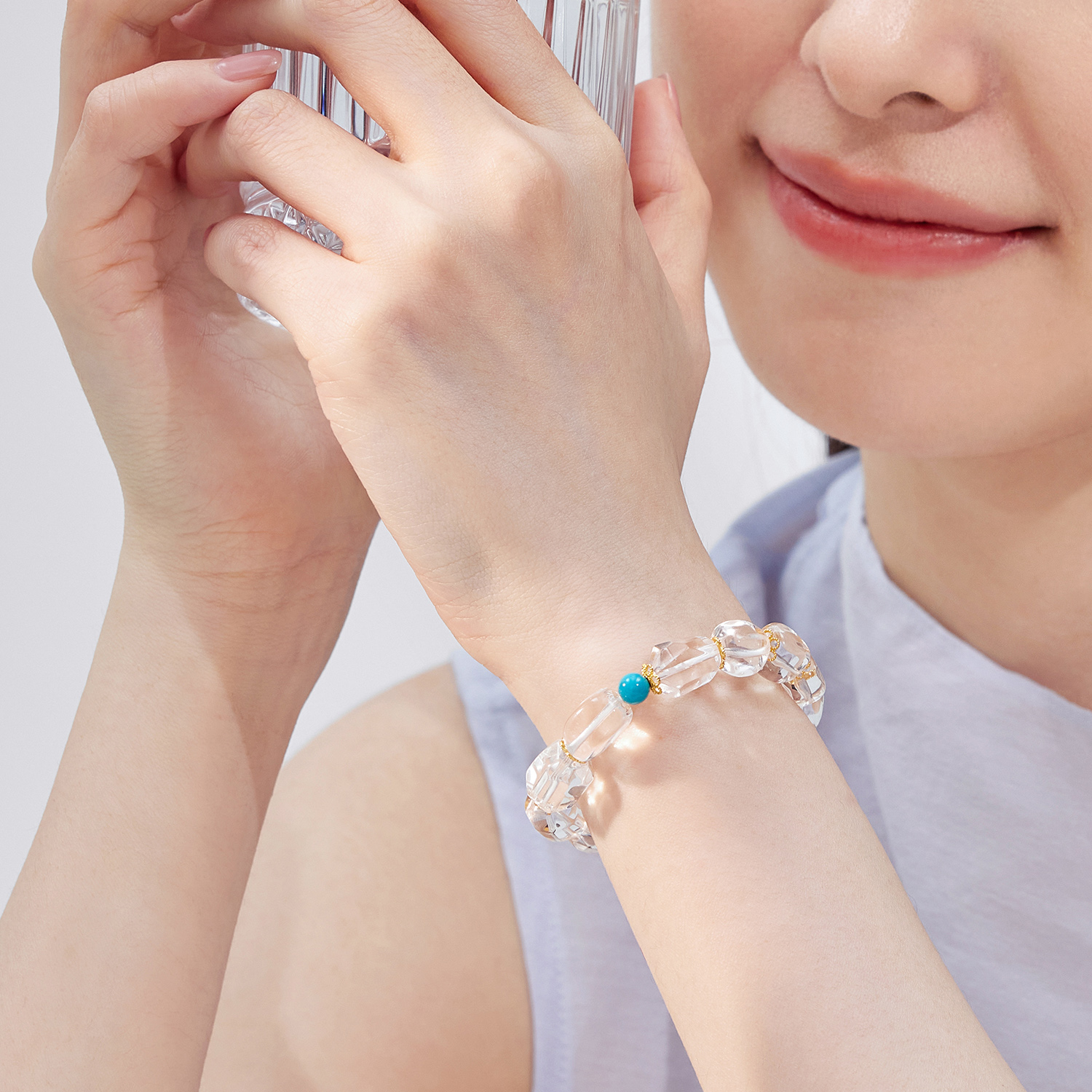 六福珠宝高冰天然白水晶手串随形黄金隔片足金手链首饰FXA0001DS