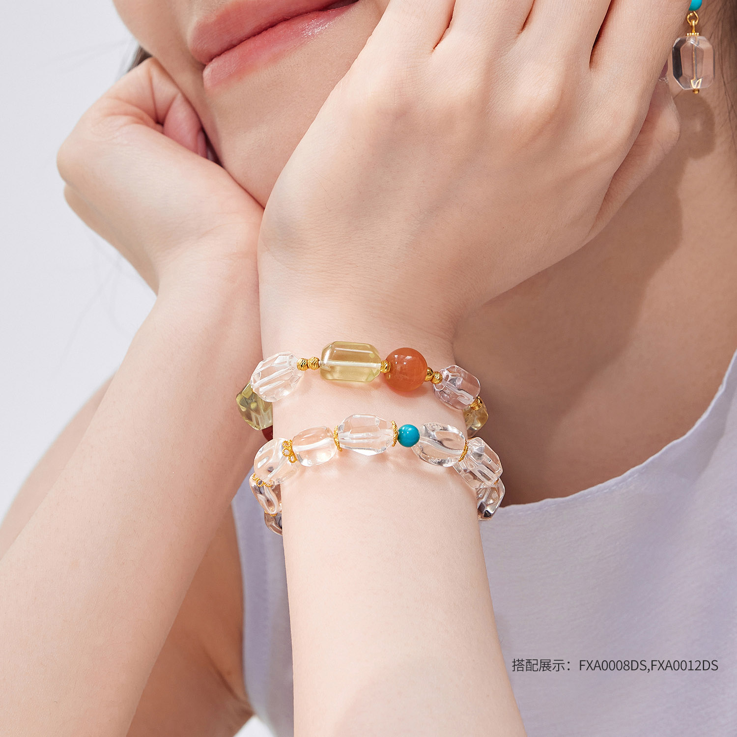六福珠宝高冰天然白水晶手串随形黄金隔片足金手链首饰FXA0001DS