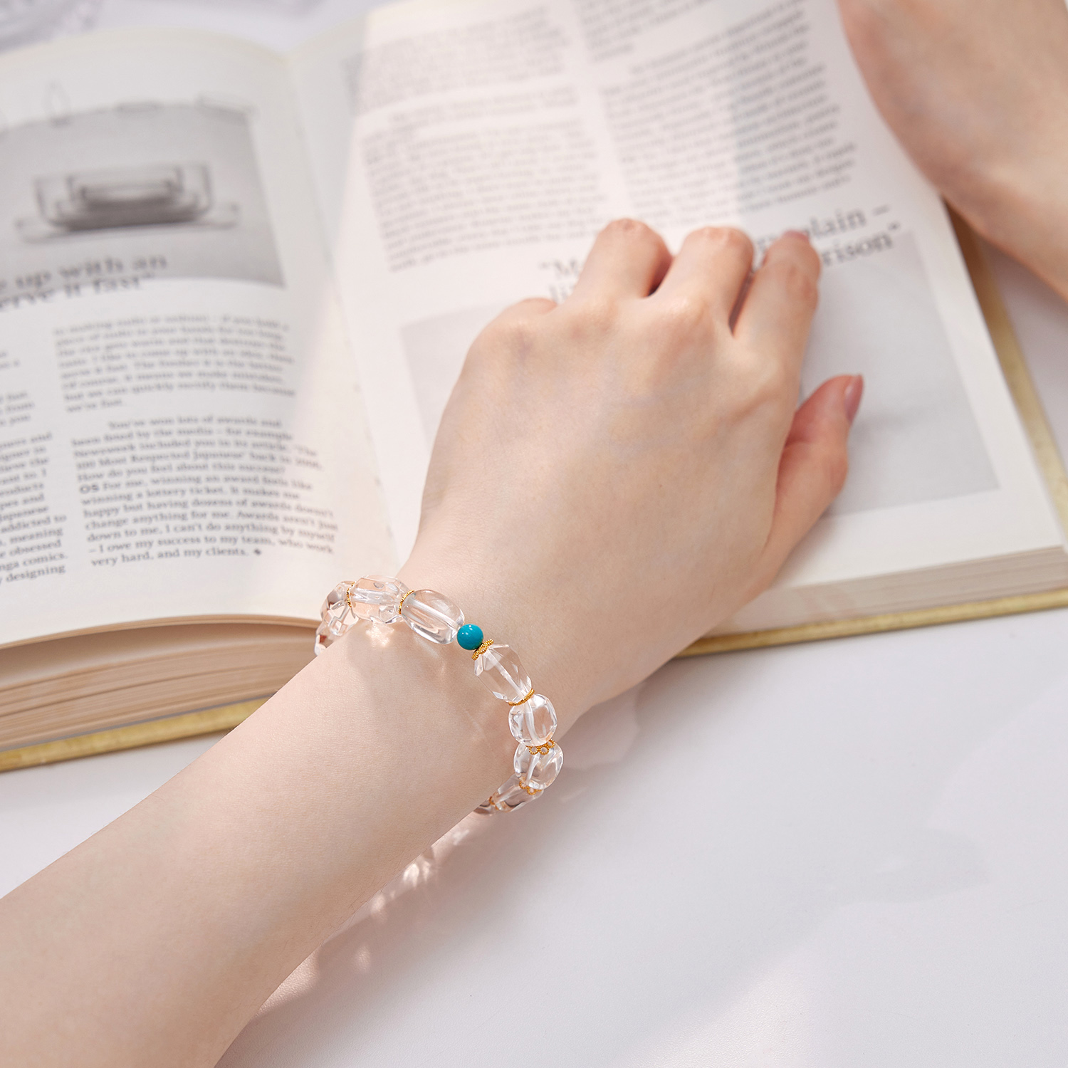 六福珠宝高冰天然白水晶手串随形黄金隔片足金手链首饰FXA0001DS