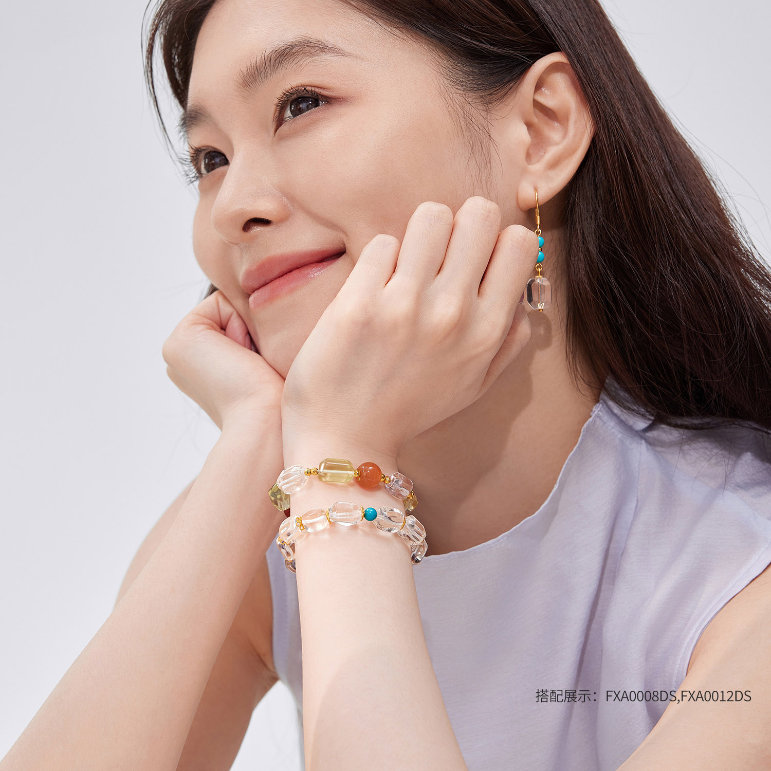 六福珠宝高冰天然白水晶手串随形黄金隔片足金手链首饰FXA0001DS