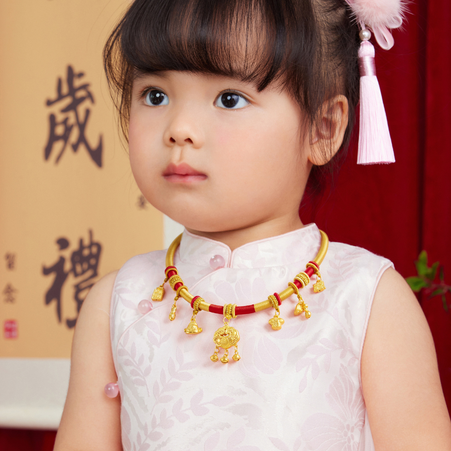 六福珠宝长命锁黄金项圈宝宝金锁包满月礼足金碗筷计价L02G0003DS