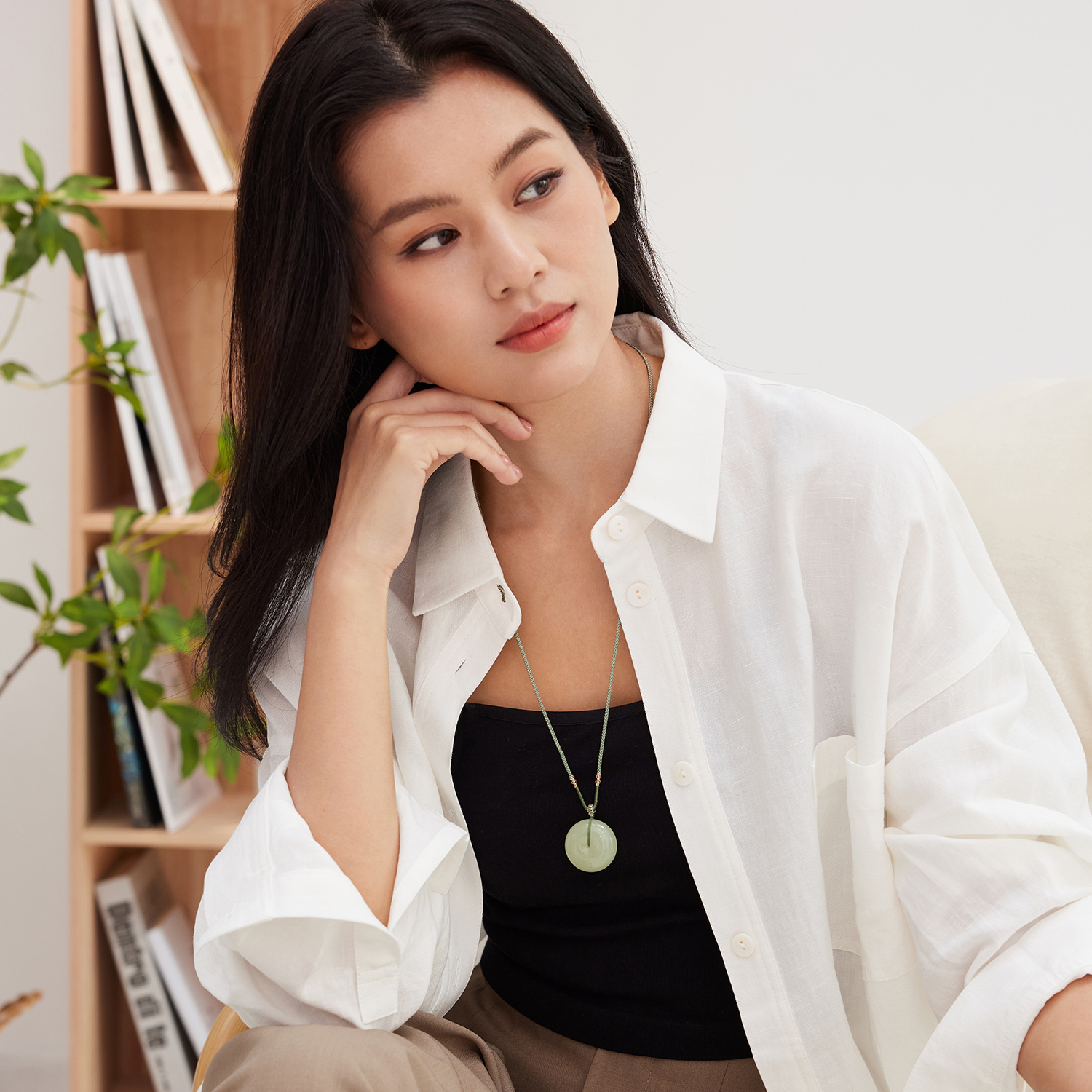 六福珠宝平安扣和田玉吊坠女款日常玉石项链光面玉坠F21A0038DS