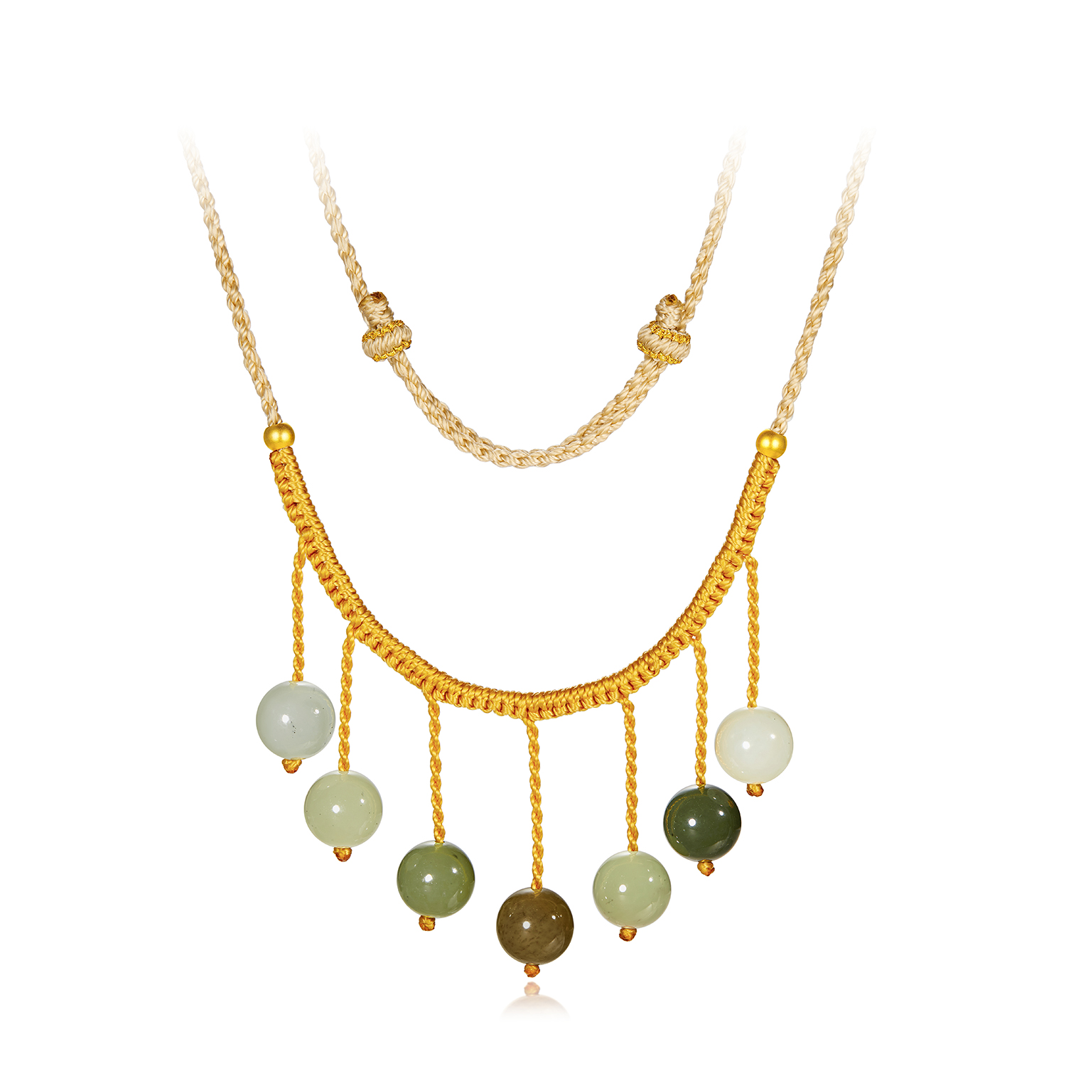 六福珠宝帘梦幽幽多宝和田玉吊坠流苏黄金项链挂绳玉坠FQA0004DS