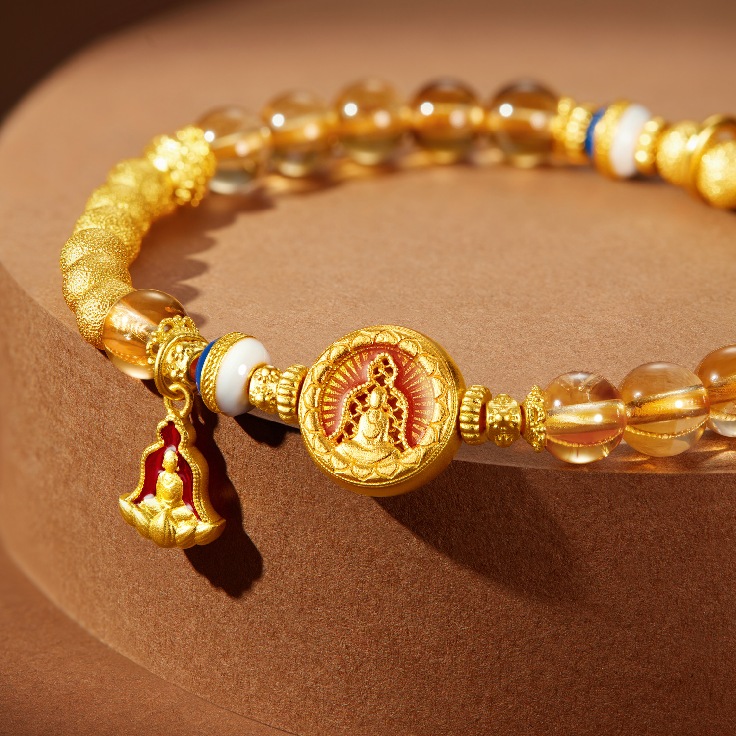 六福珠宝福满传家无相佛黄金手链黄水晶菩提珠手串计价F63G0102DS【视频看货】