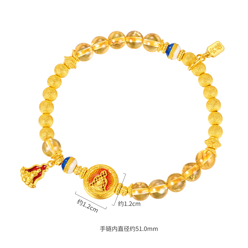 六福珠宝福满传家无相佛黄金手链黄水晶菩提珠手串计价F63G0102DS【视频看货】