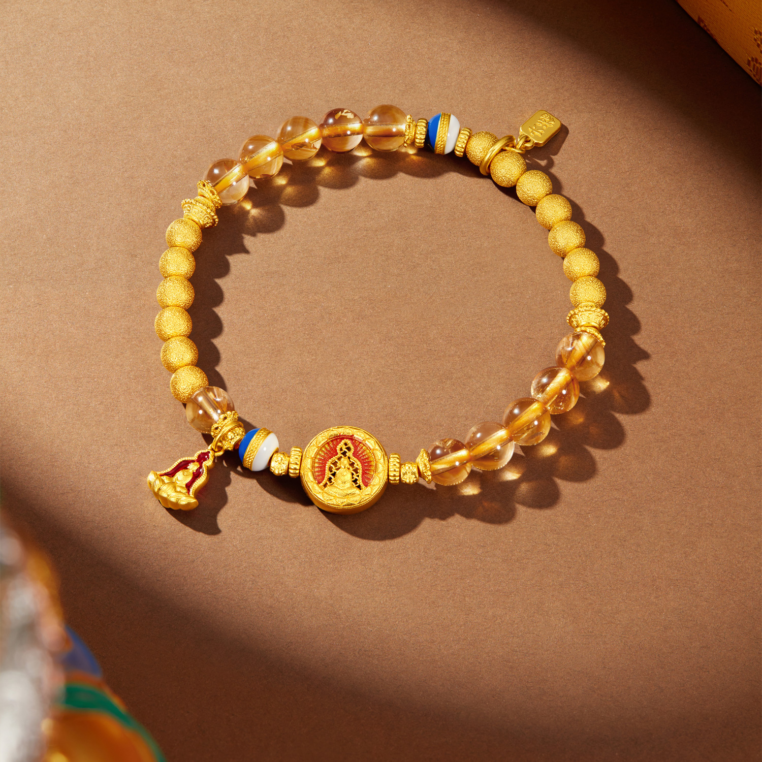 六福珠宝福满传家无相佛黄金手链黄水晶菩提珠手串计价F63G0102DS【视频看货】