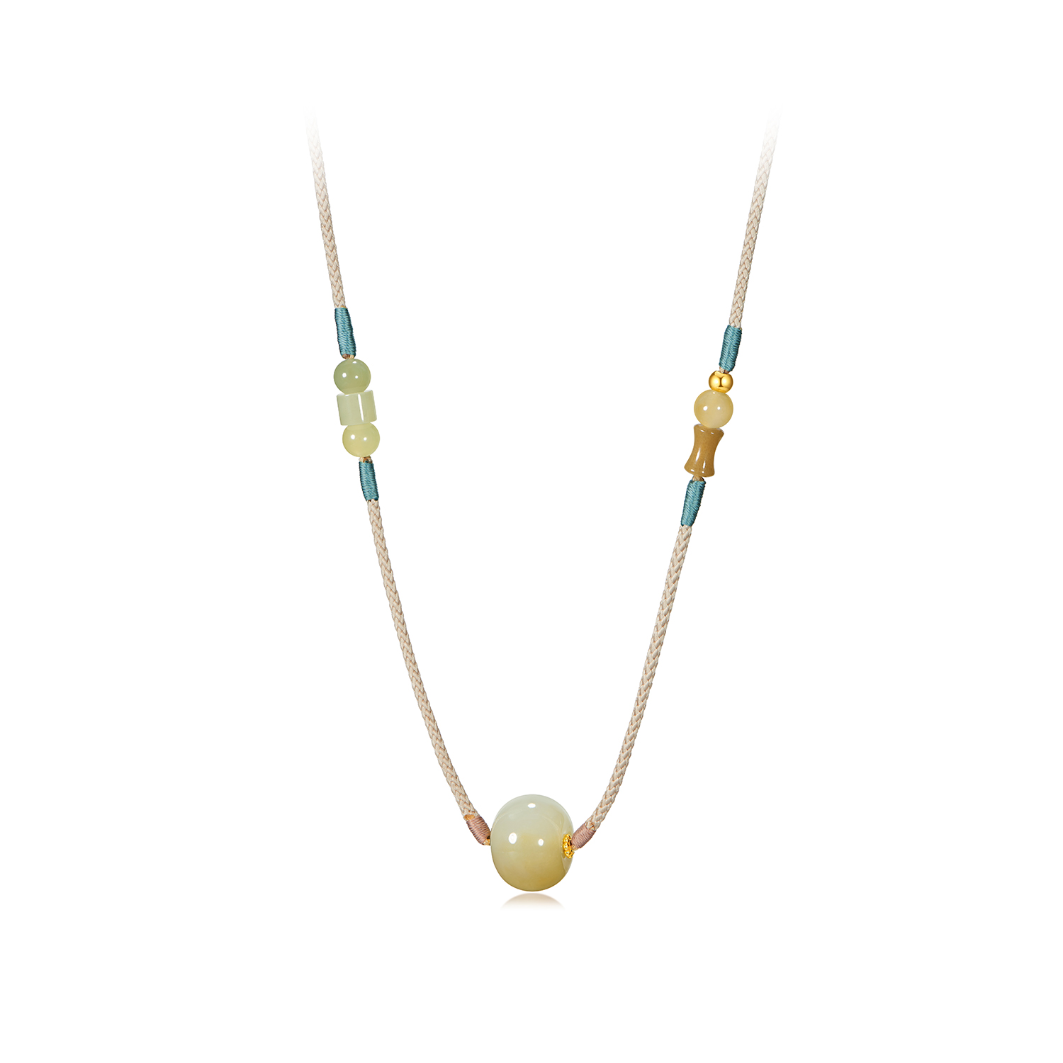 六福珠宝算盘珠和田玉项链黄金隔片女玉石圆珠国风编绳L74A0024DS