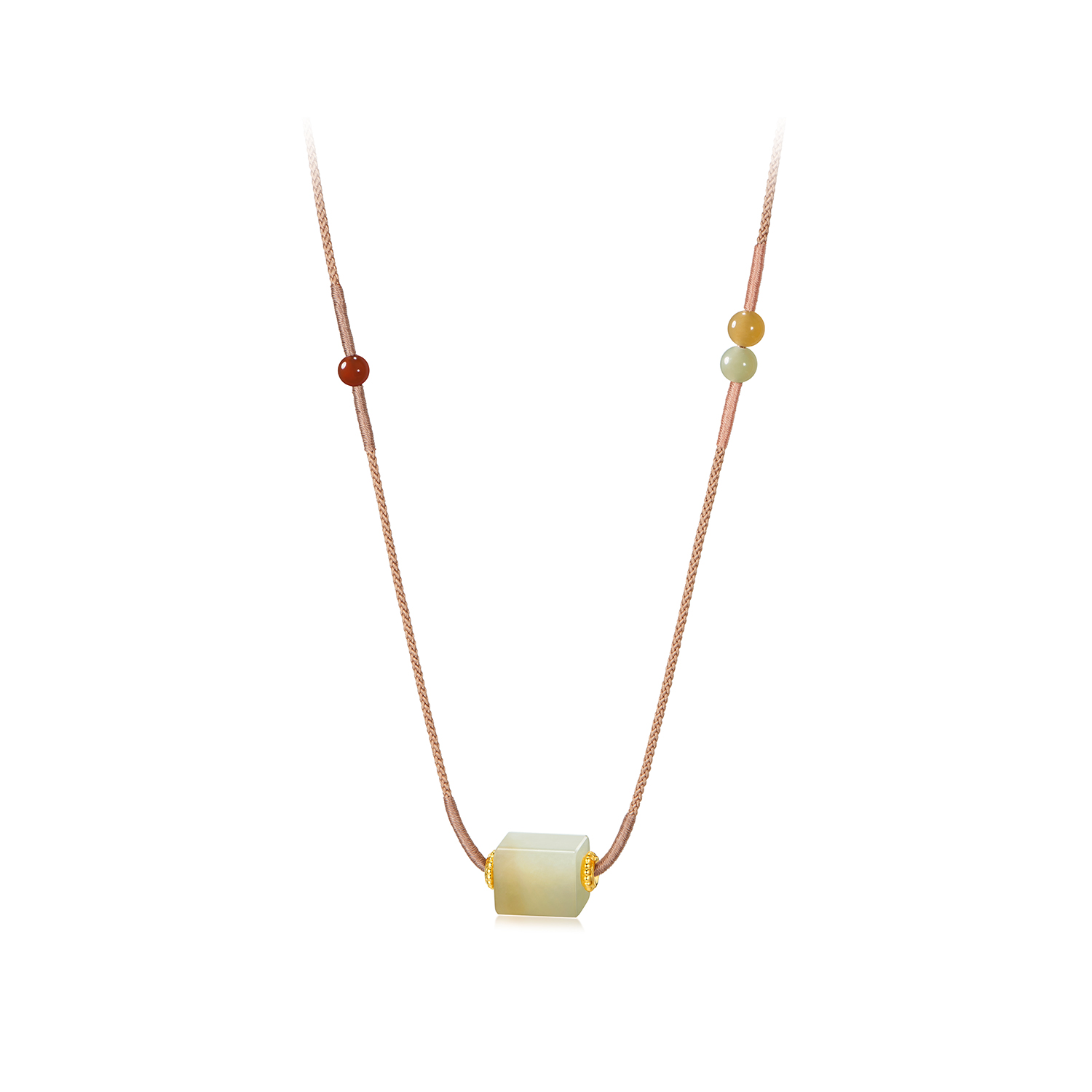 六福珠宝小方糖和田玉项链黄金隔片女玉髓圆珠国风编绳L74A0025DS