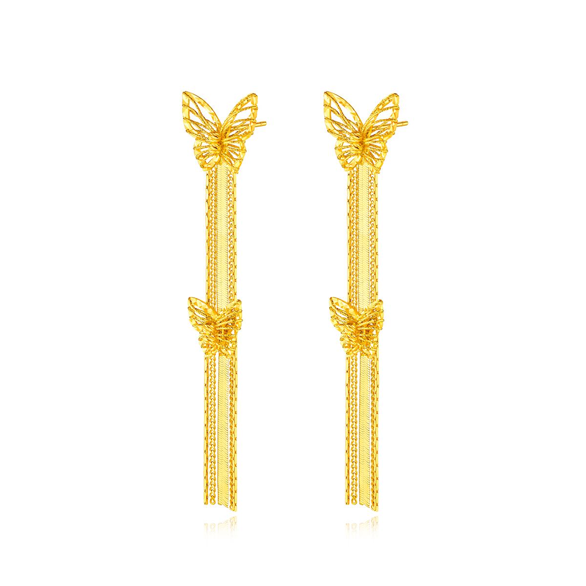 六福珠宝双蝴蝶黄金耳环耳坠女款流苏金耳钉耳饰足金计价010029EA【视频看货】