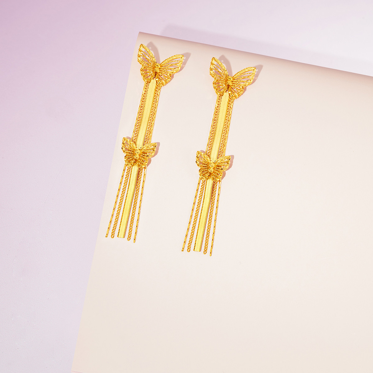 六福珠宝双蝴蝶黄金耳环耳坠女款流苏金耳钉耳饰足金计价010029EA【视频看货】