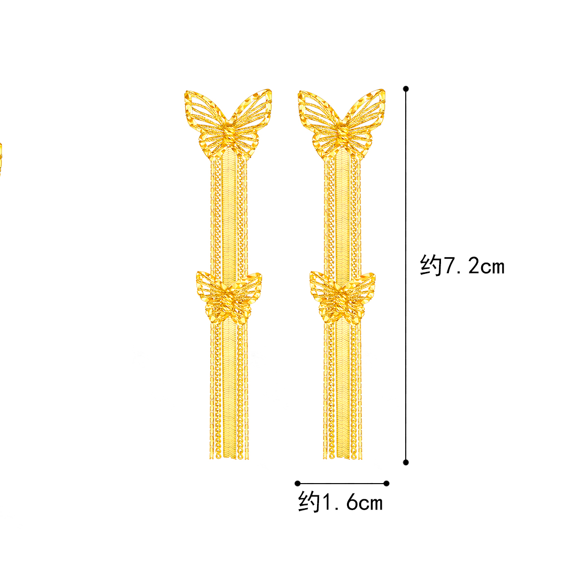 六福珠宝双蝴蝶黄金耳环耳坠女款流苏金耳钉耳饰足金计价010029EA【视频看货】