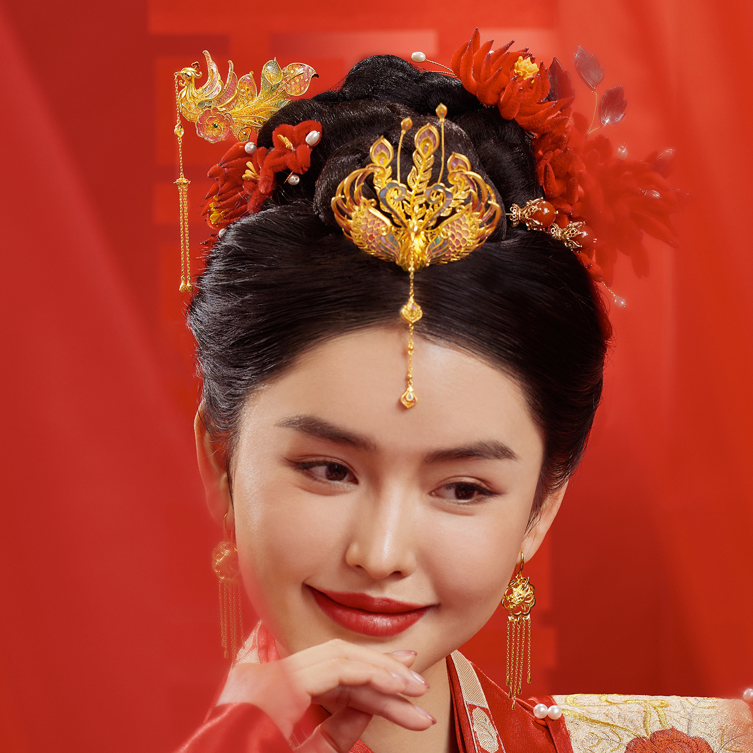 六福珠宝福满传家凤戏牡丹黄金发簪子流苏婚嫁礼计价L17TBGH0003【联系客服补货】