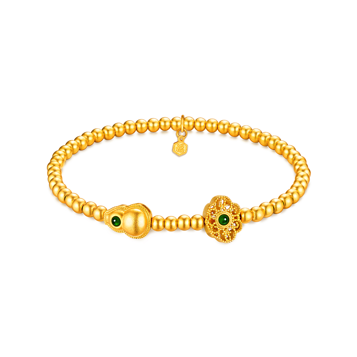 六福珠宝葫芦花丝黄金手链镶翡翠女足金珠子计价013596BA【视频看货】