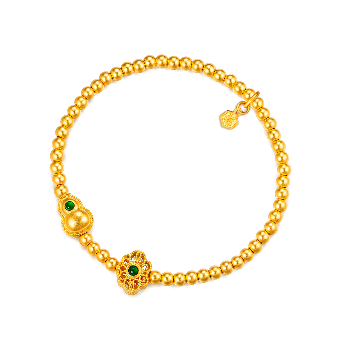 六福珠宝葫芦花丝黄金手链镶翡翠女足金珠子计价013596BA【视频看货】