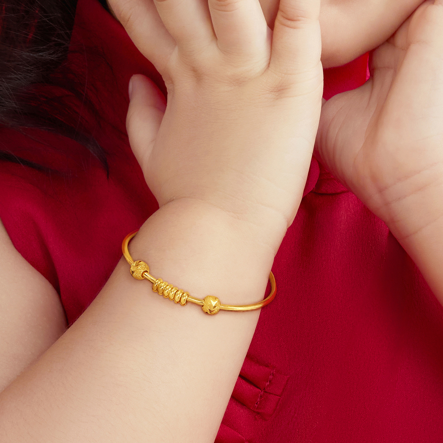 六福珠宝如意算盘黄金手镯宝宝儿童款推拉手镯子计价L04TBGB0013