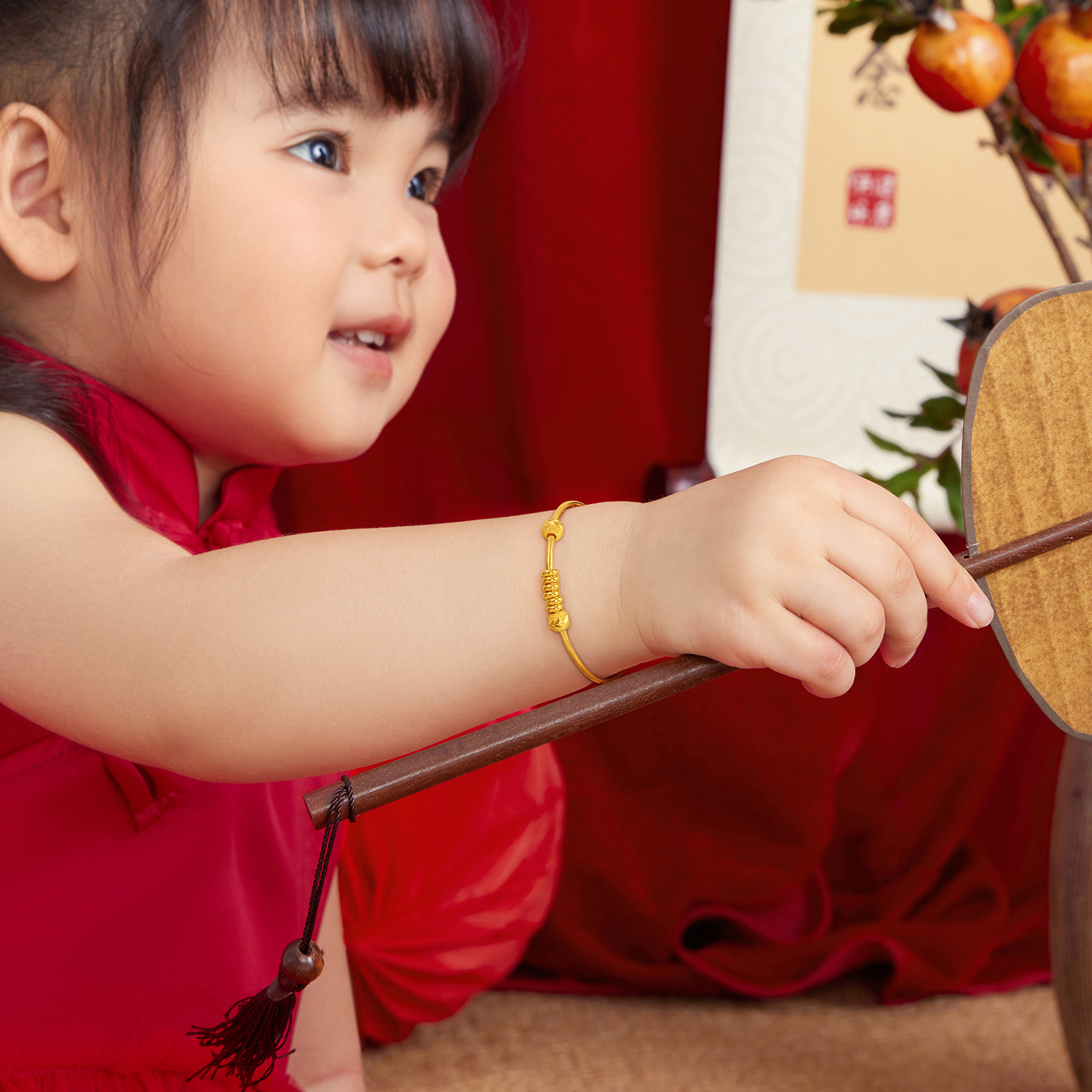 六福珠宝如意算盘黄金手镯宝宝儿童款推拉手镯子计价L04TBGB0013