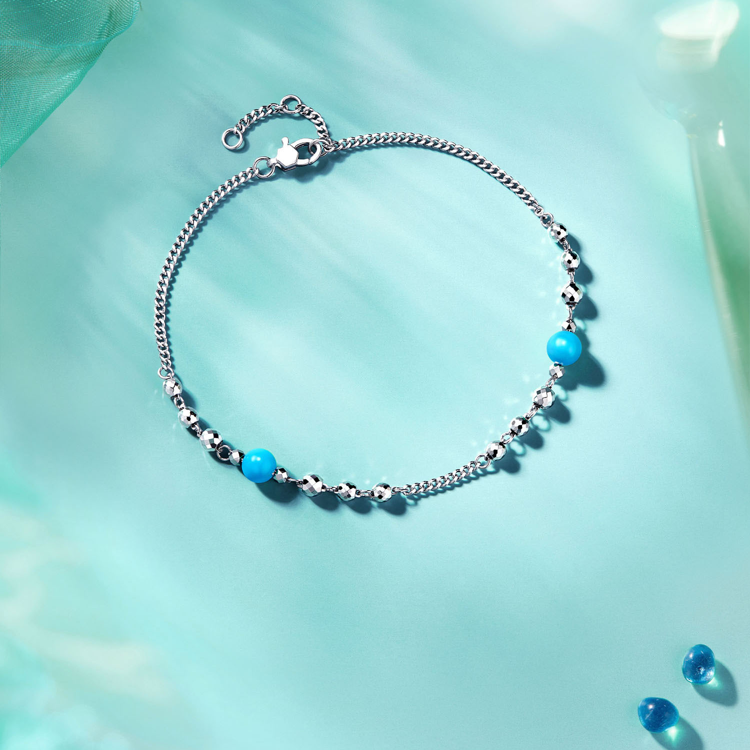 六福珠宝星河璀璨铂金手链铂950绿松石白金蹦迪珠计价G07P0021DS