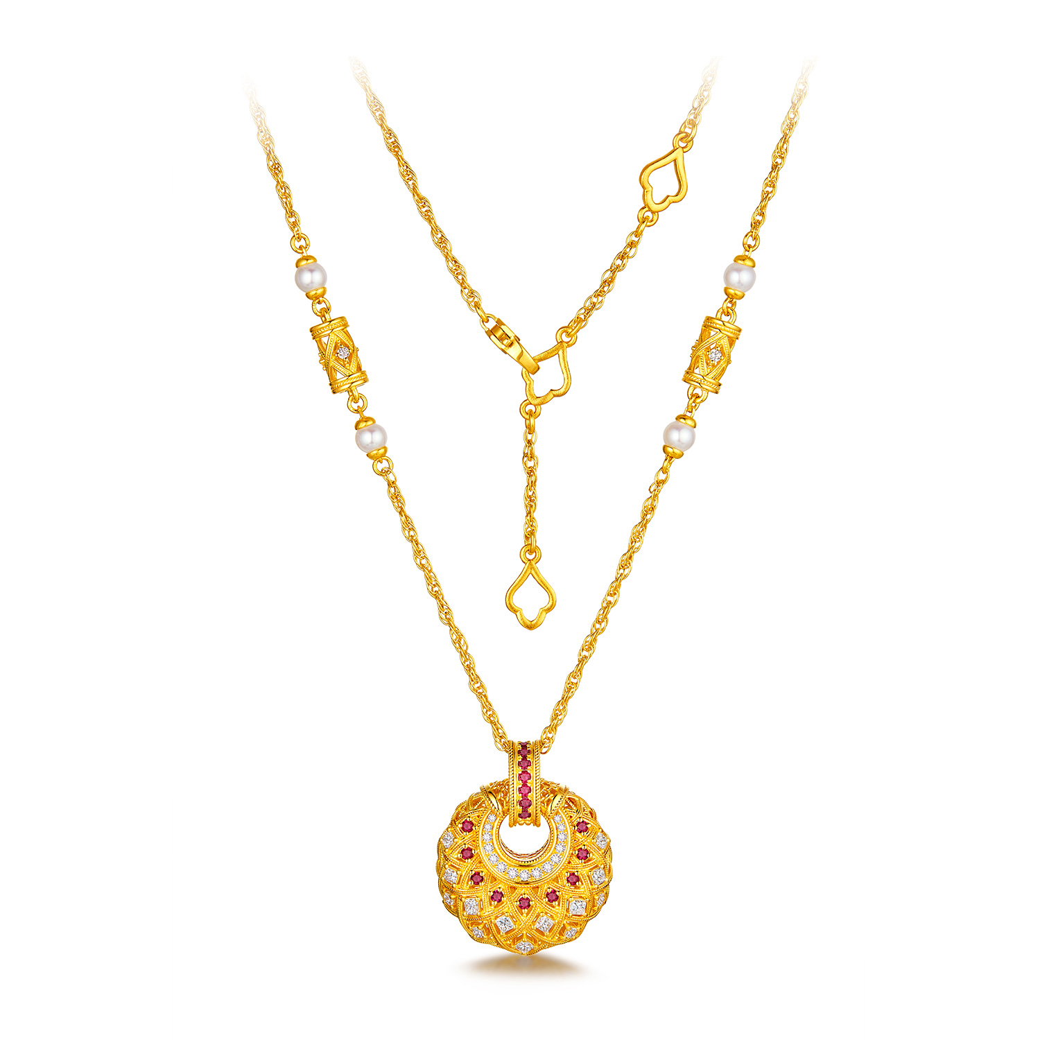 六福珠宝唐宫夜宴联名唐彩菱黄金项链钻石红宝石吊坠珍珠033542NA