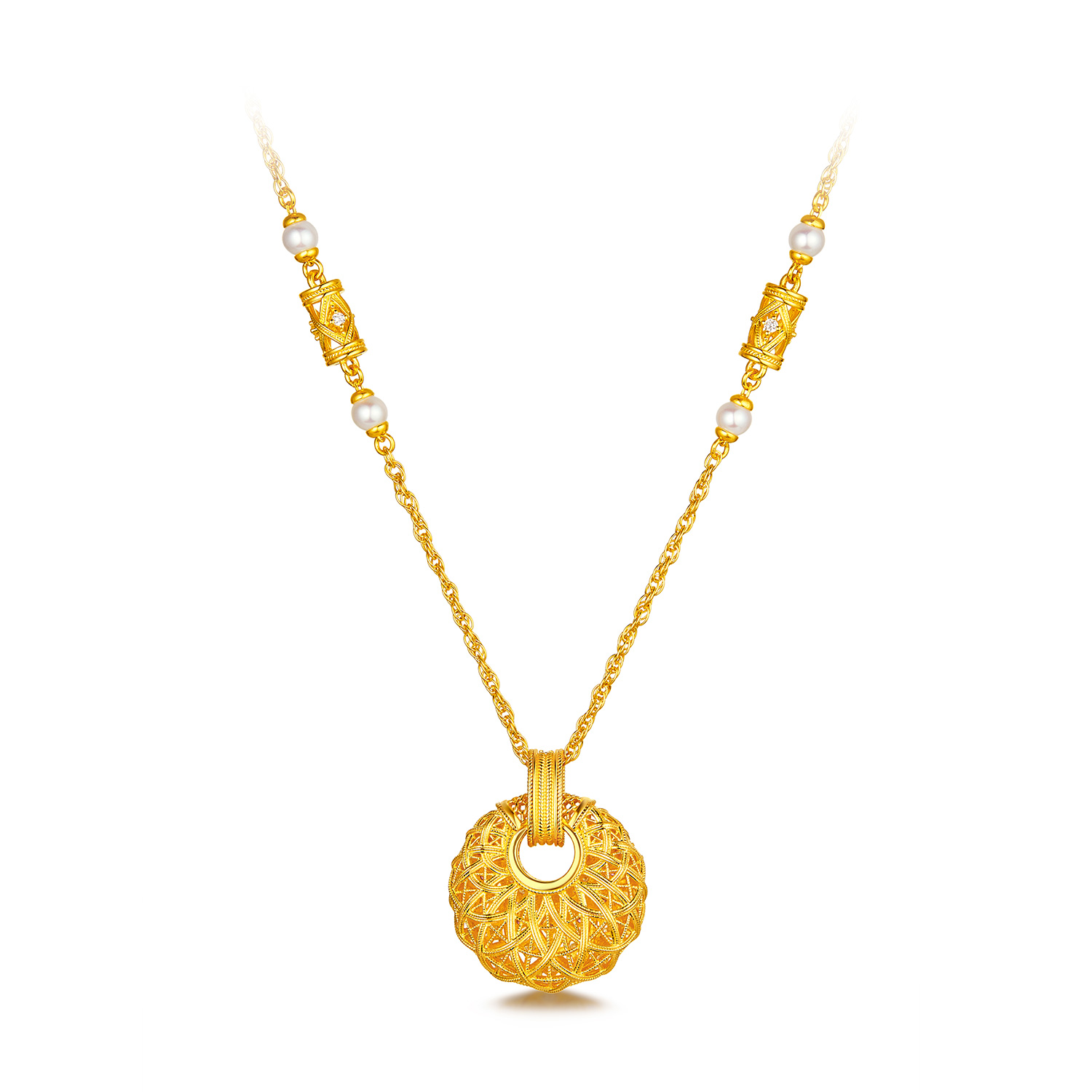 六福珠宝唐宫夜宴联名唐彩菱黄金项链钻石红宝石吊坠珍珠033542NA