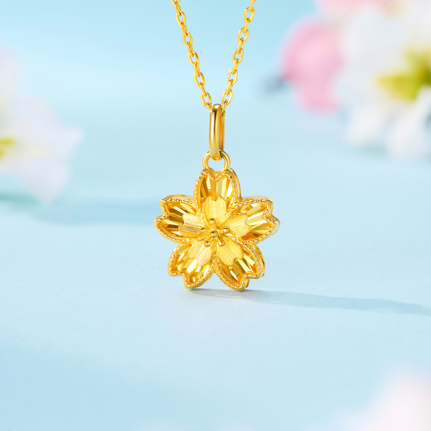 【店庆特惠】六福珠宝清新小花黄金吊坠桃花足金四叶花樱花挂坠计价GJG0146DS童心3