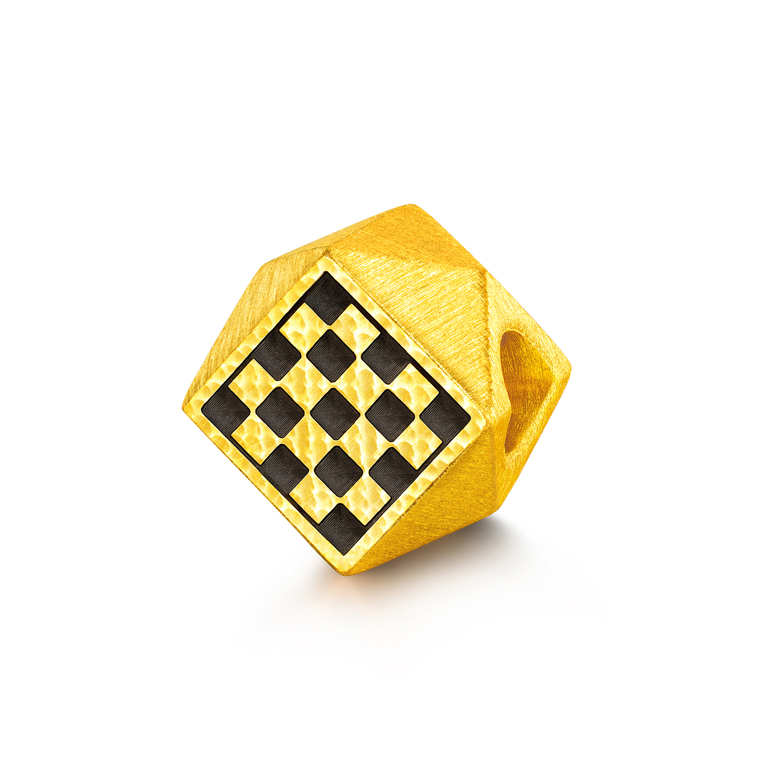 六福珠宝棋盘格黄金转运珠配件电黑硬金路路通可DIY串珠HEA0005DS