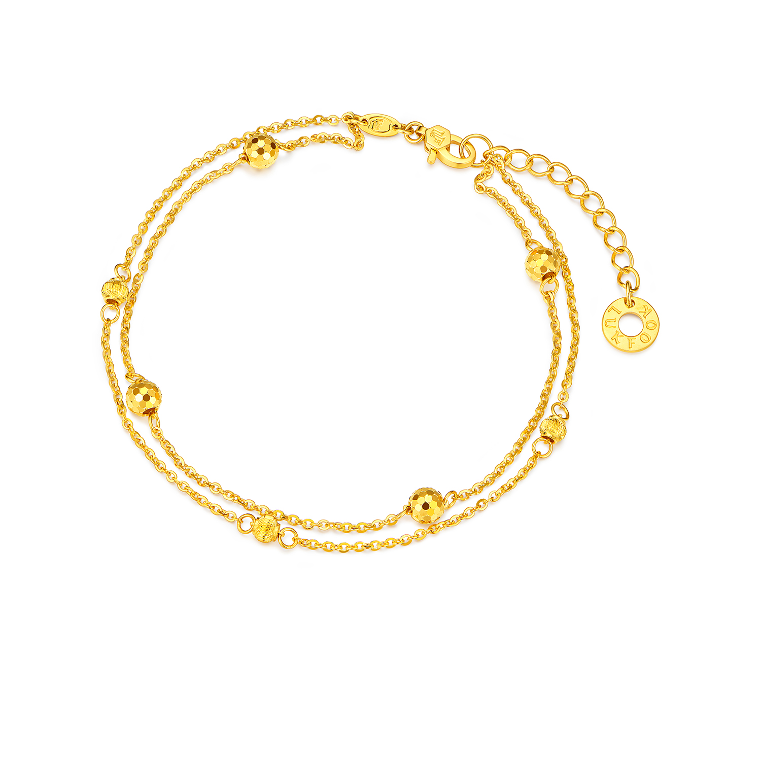 六福珠宝小灯球车花珠黄金手链女猫眼金珠双层手链计价G16G0051DS